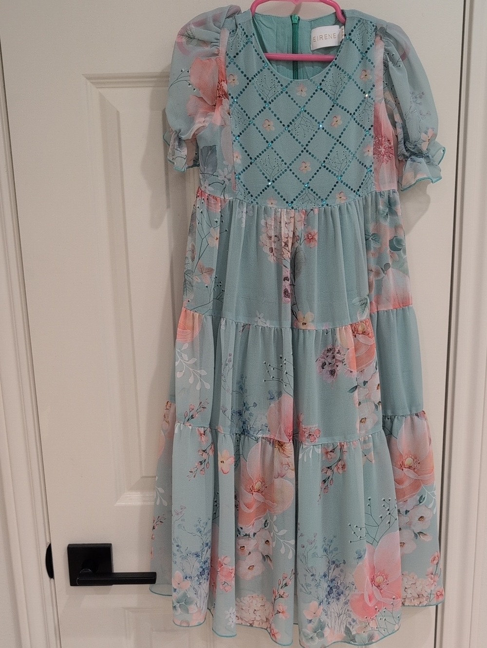 Girl's Eirene Light Blue Floral Tiered Maxi Dress Size 6-7